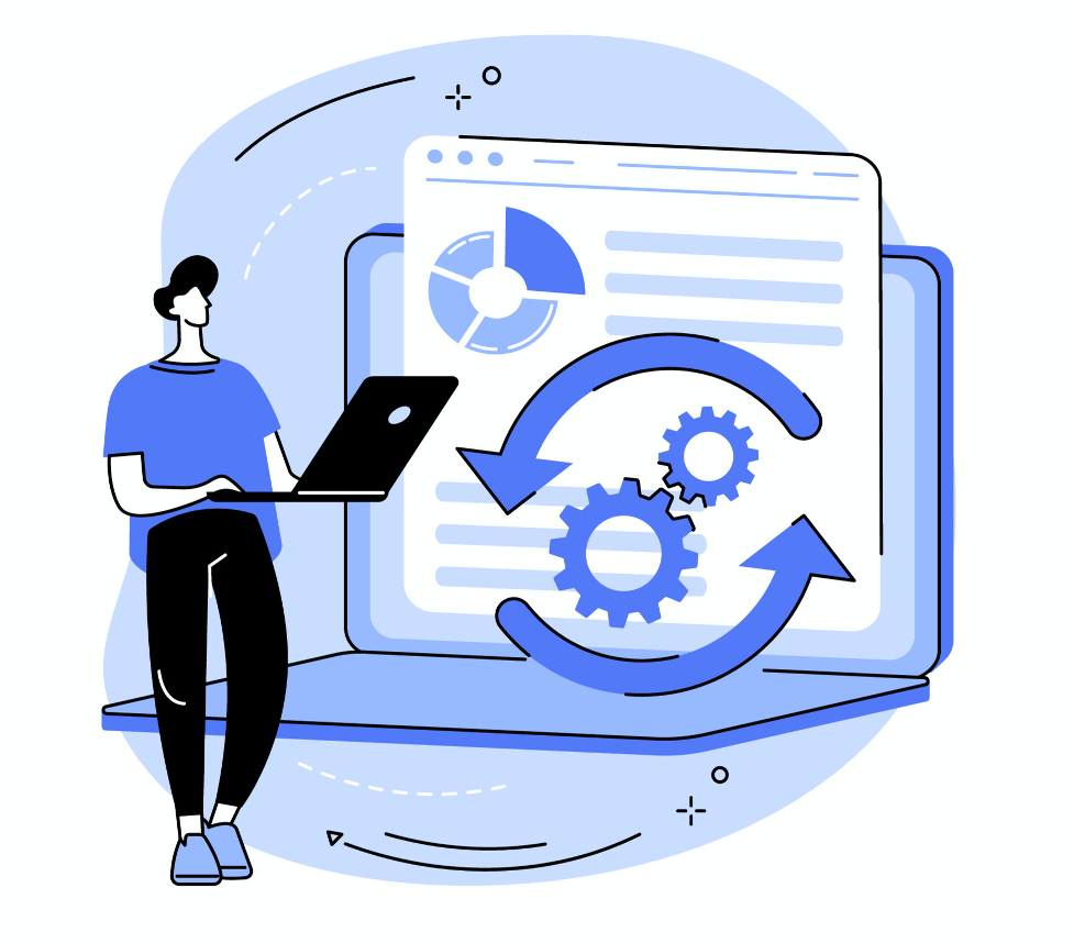 Illustration of Man Using Laptop Next to Website Page with Working Gears