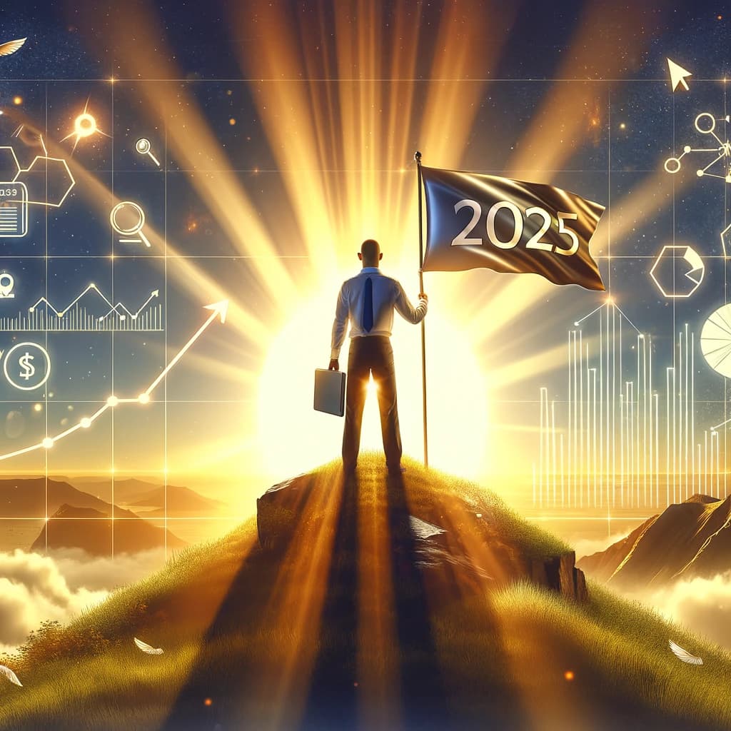 A victorious SEO specialist standing on top of a hill, holding a flag that says -2025-